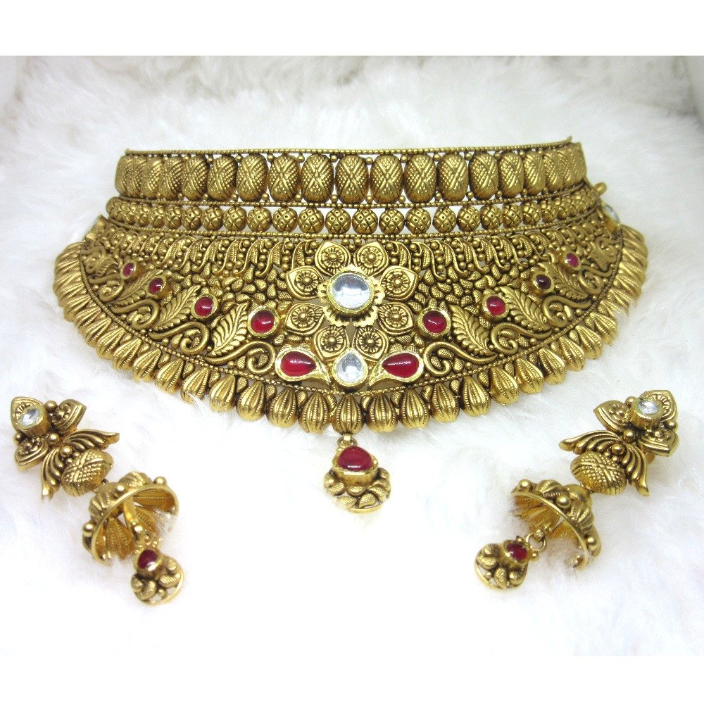 Gold hm916 royal jadtar chokker necklace set