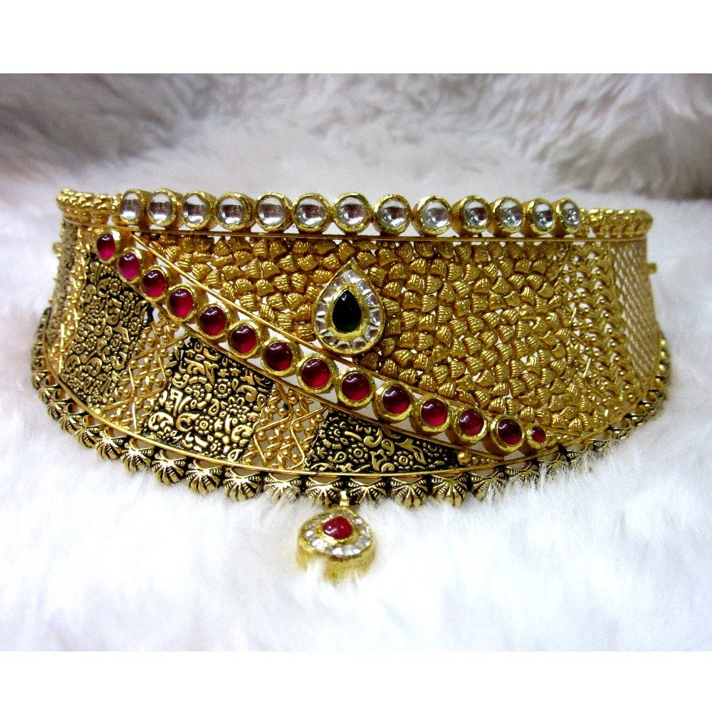 Gold 22k Hm916 Asymmetrical Antique Jadtar Necklace Set