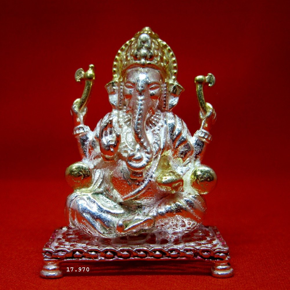 Silver Shree Ganesha Gold Lining Bajoth Murti (Statue) MRT-