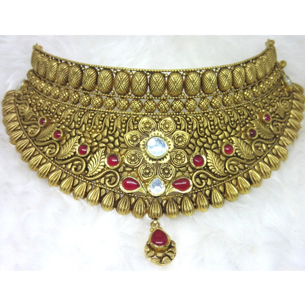 Gold hm916 royal jadtar chokker necklace set