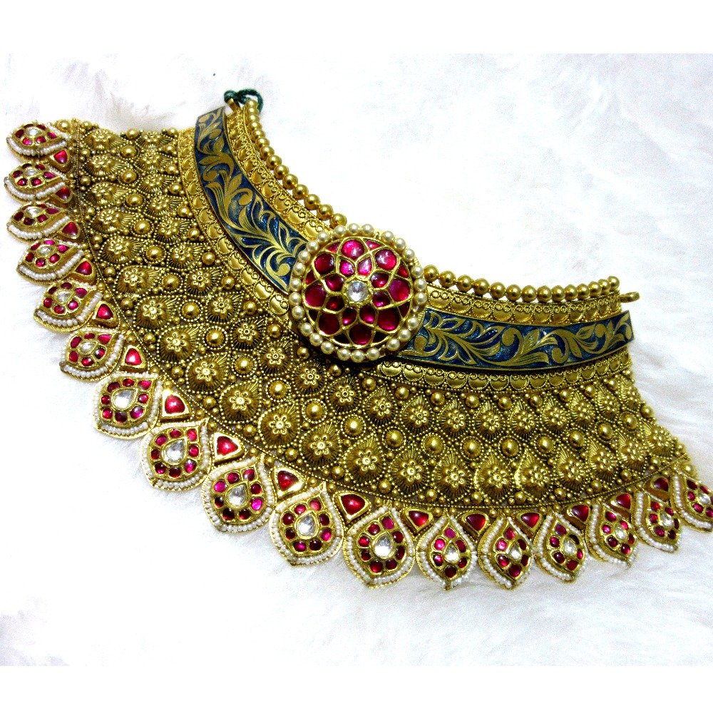 Gold jadtar chokar colorful antique necklace set