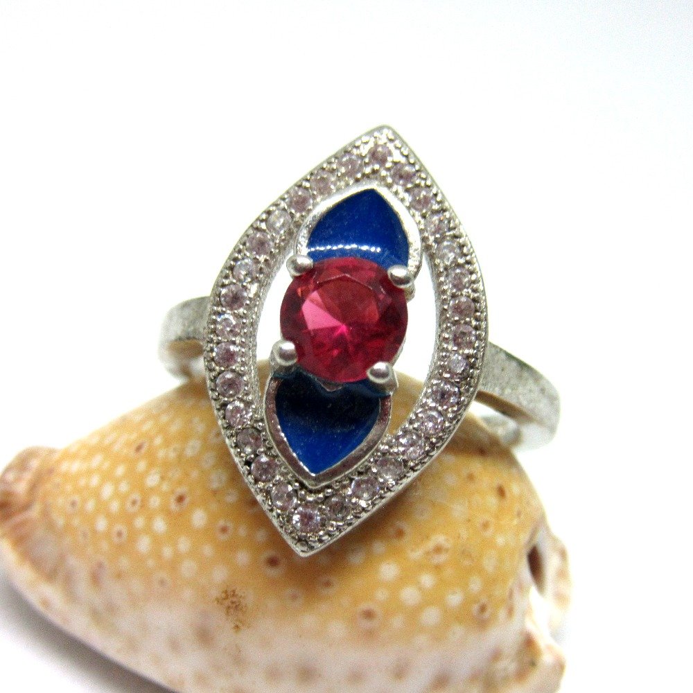 Silver 925 dark pink stone blue meena ring sr925-32