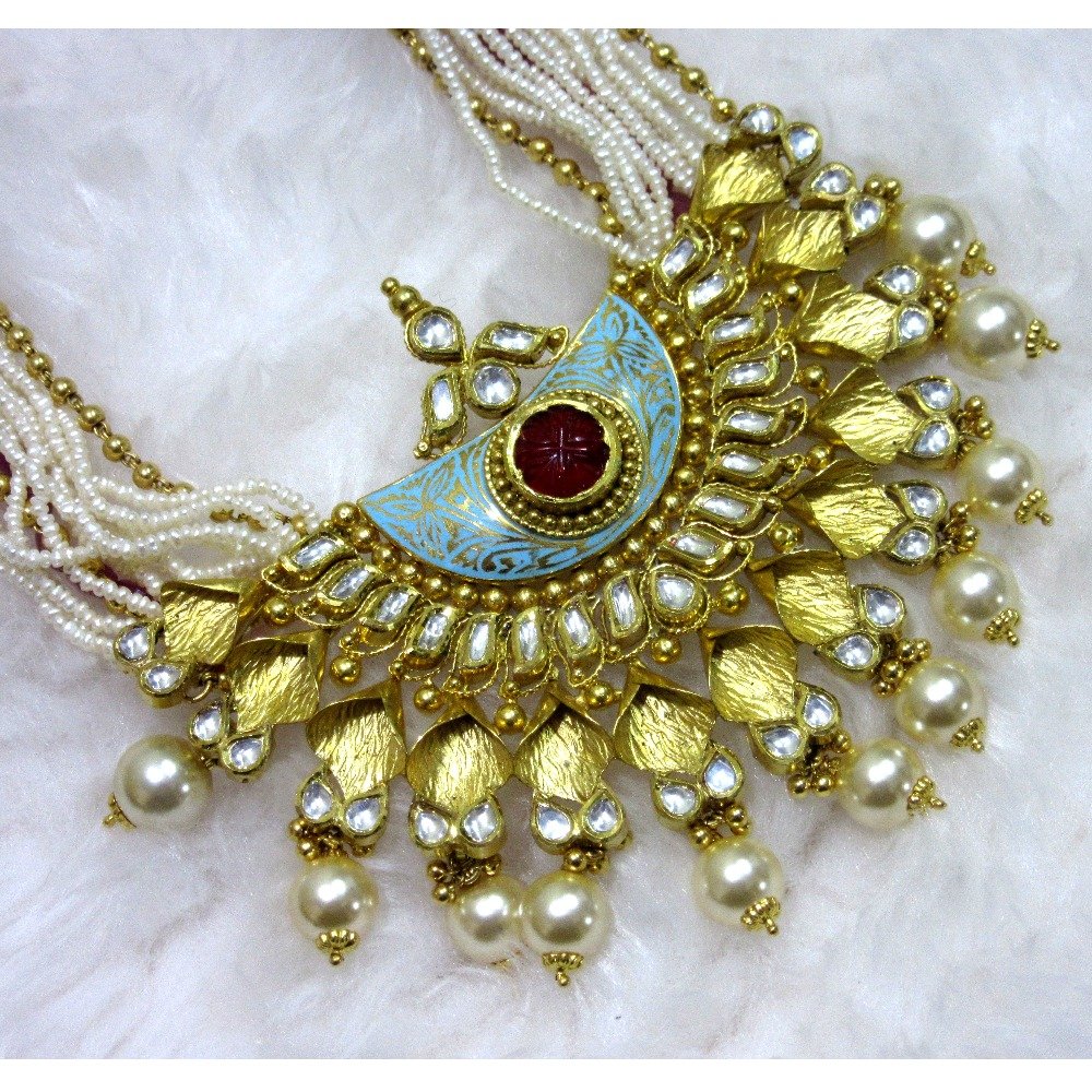 Long moti set skyblue meena semi jadtar set