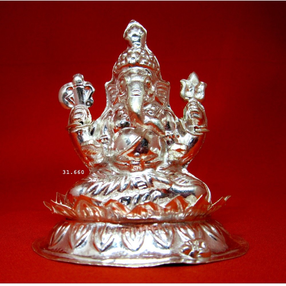 Silver Shree Ganeshji on flower Murti(Statue)