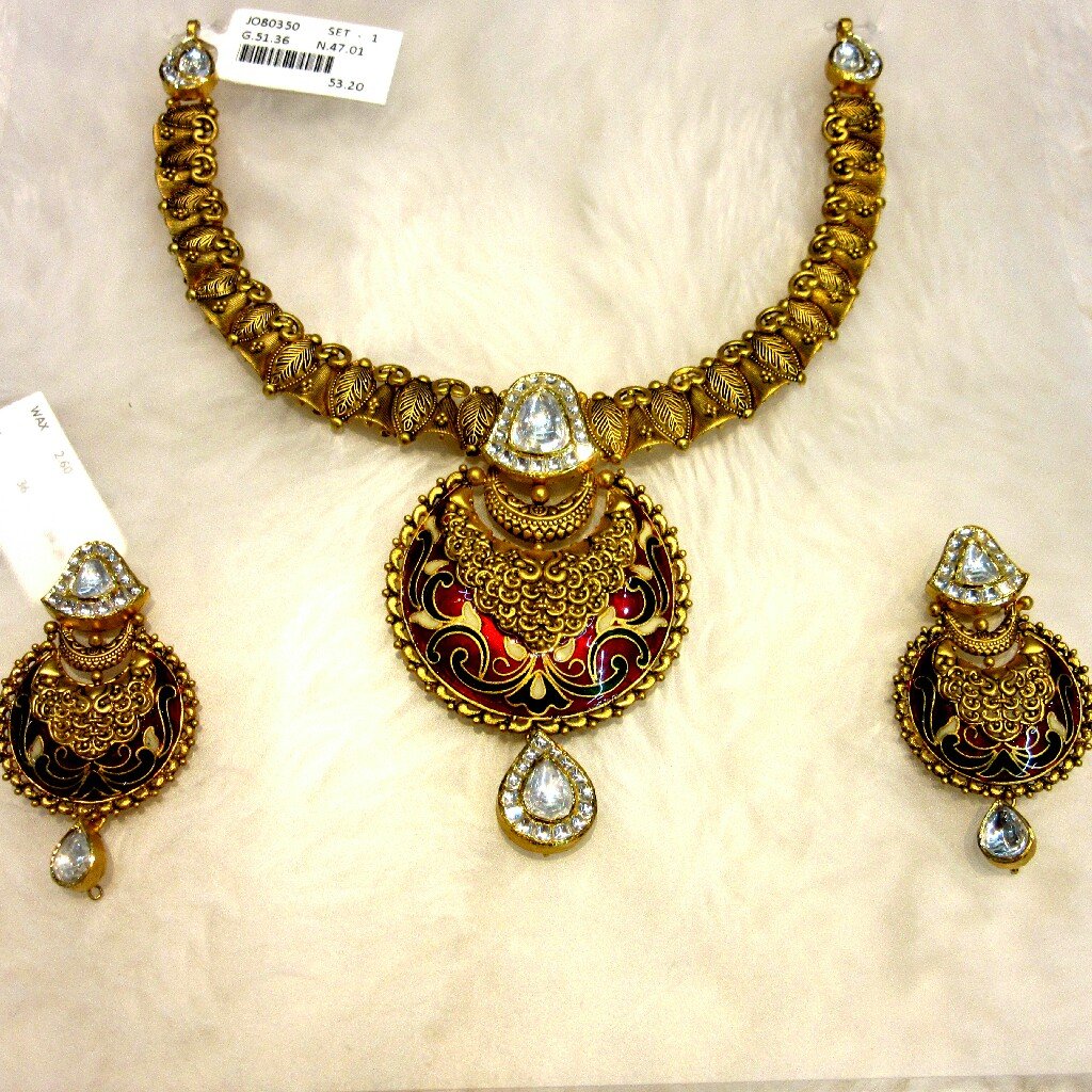 Gold 22k Hallmark Antique Meena Jadtar Necklace Set