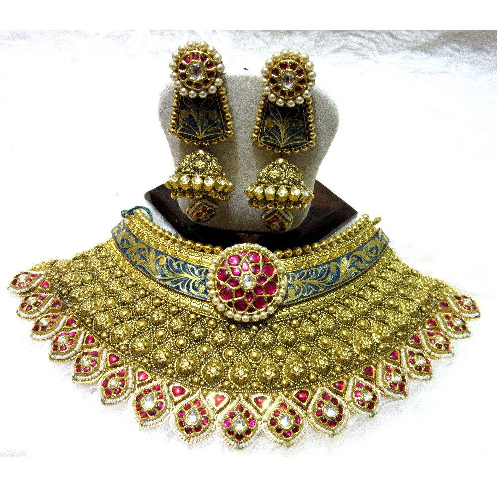 Gold jadtar chokar colorful antique necklace set