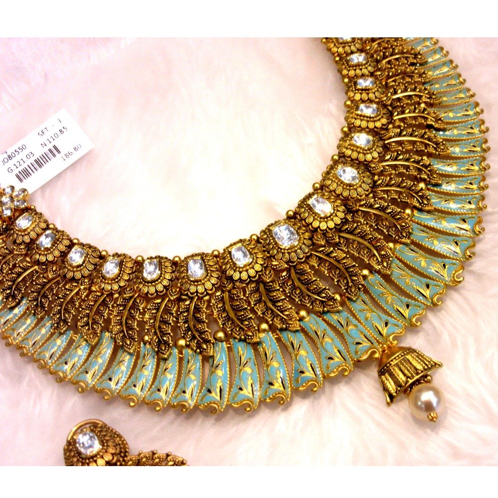 Gold 22k bikaneri meena design chokar necklace set