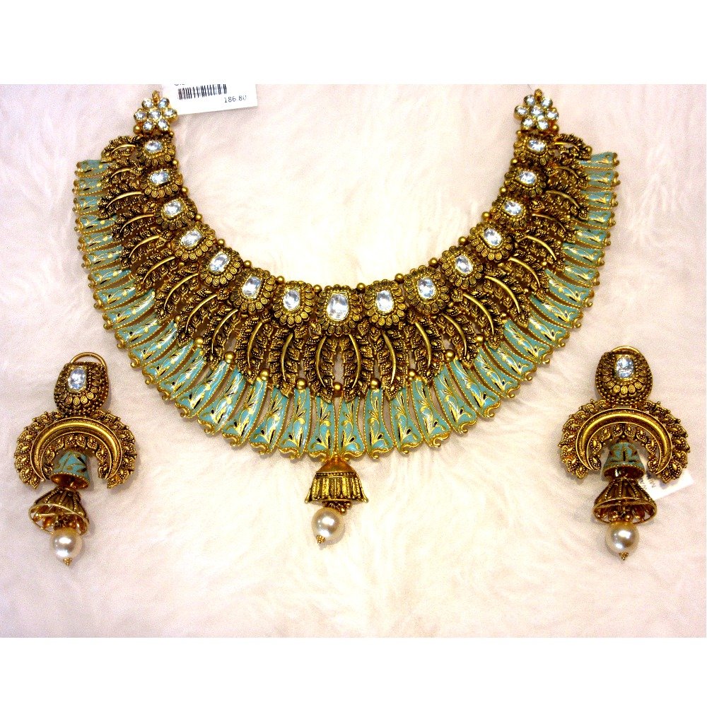 Gold 22k bikaneri meena design chokar necklace set